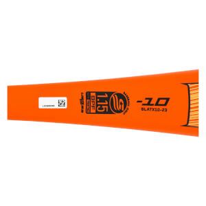 Side view of an orange baseball bat with 1.15 BPF NTS TESTED and -10 SLATX10-23 text.