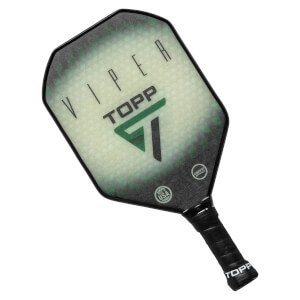Top-down view of a black and green pickleball paddle with VIPER and TOPP text, and USA Pickleball logos.