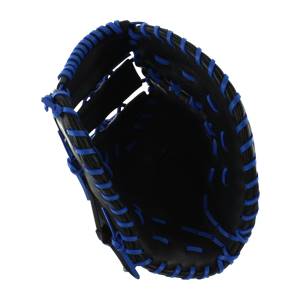 Interior view of a black first base mitt with blue lacing and stitching.