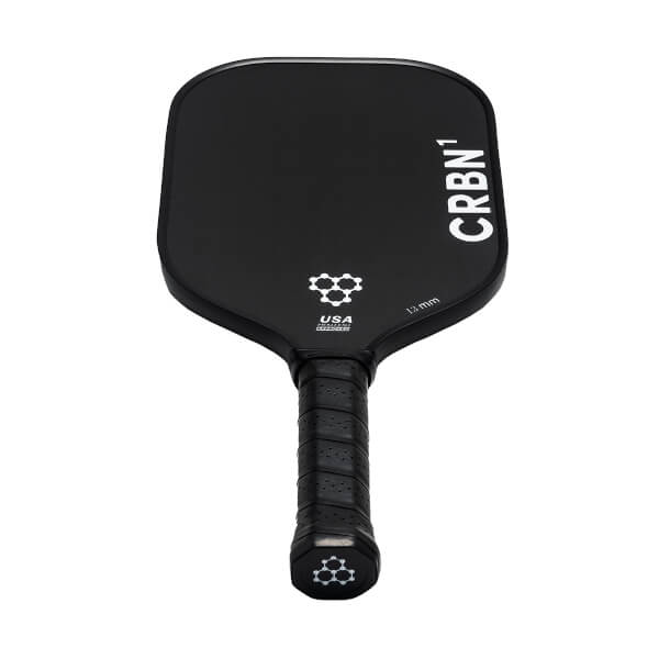 Top-down view of a black pickleball paddle with CRBN¹ branding, a honeycomb logo, and 13mm text.