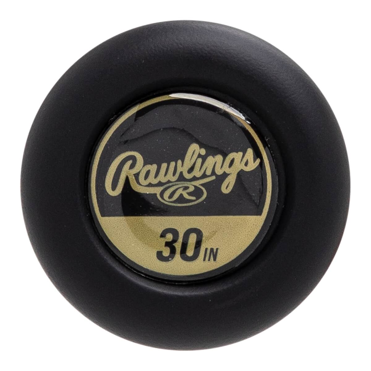 Top-down view of a black baseball bat end cap with Rawlings logo and 30 IN text.