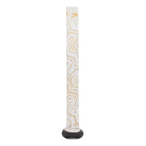 Side view of a white baseball bat grip with gold geometric lines and a black end cap.