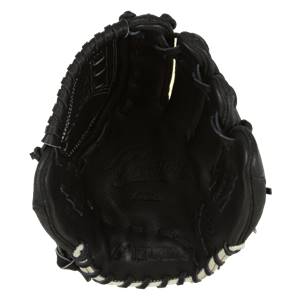Top-down view of a black baseball glove with white stitching and MIZUNO branding.
