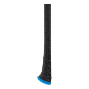 Close-up of a black baseball bat grip with a blue end cap.