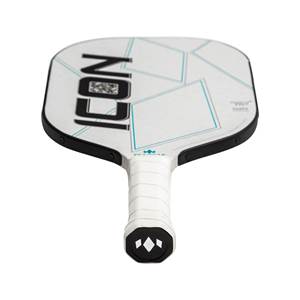 Top-down view of a white pickleball paddle with black ICON text and geometric blue lines.