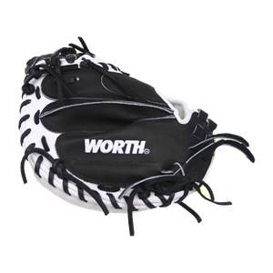 Top-down view of a black and white catchers mitt with WORTH logo and white stitching.