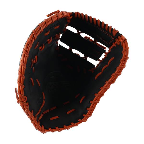 Inside view of a black and orange baseball mitt with orange stitching and a webbed pocket.