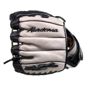 Front view of a gray and black baseball glove with Akadema embroidered and patent number visible.