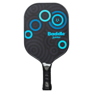 Front view of a black Baddle Junior pickleball paddle with blue circles and grip.