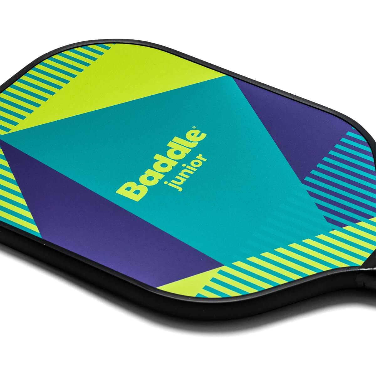 Top-down view of a colorful pickleball paddle with geometric patterns and Baddle Junior text.