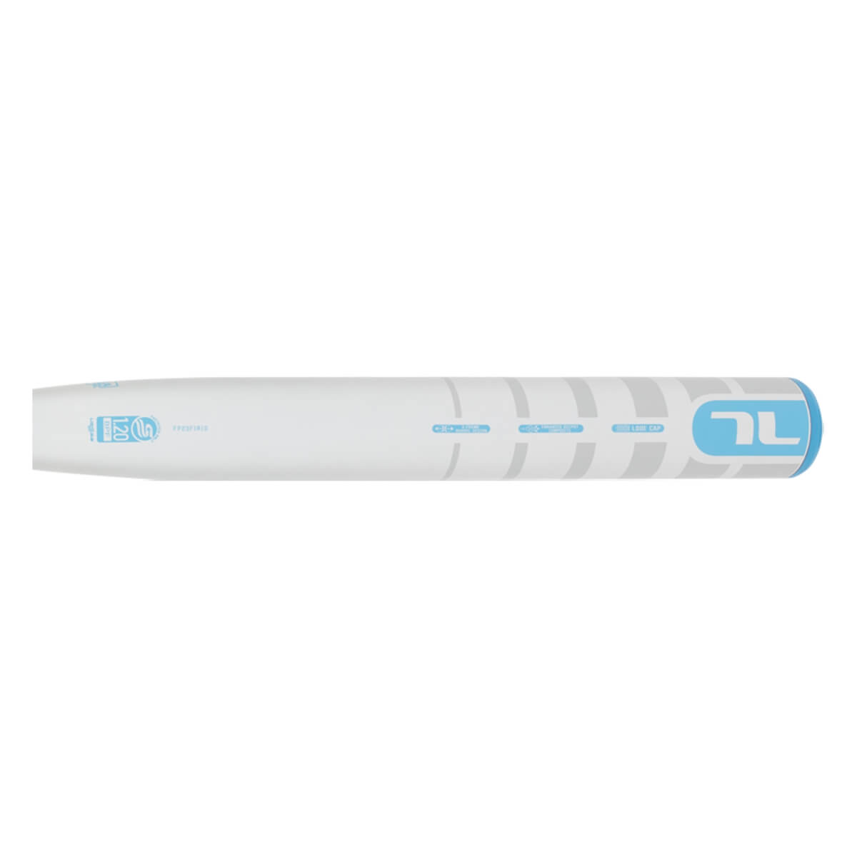 Side view of a white softball bat with light blue TL and USSSA logos and gray horizontal stripes on the barrel.