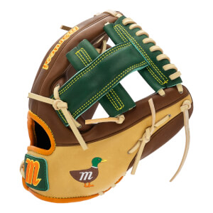 Front view of a brown and tan baseball glove with green accents, a duck logo, and yellow stitching.