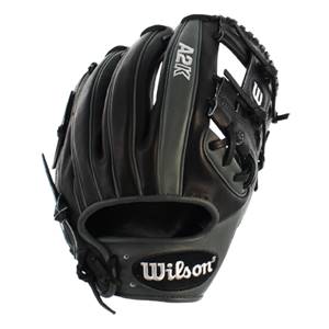 Side view of a black Wilson A2K baseball glove with A2K text and a white Wilson logo.