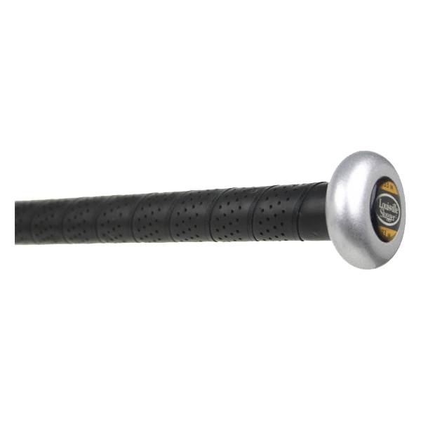 Side view of a silver fastpitch softball bat with a black perforated grip and Louisville Slugger branding.