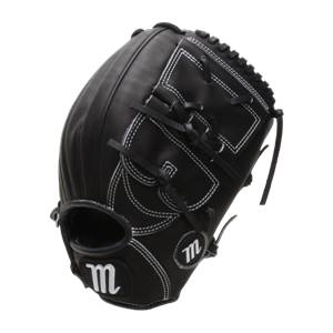 Side view of a black baseball glove with white stitching and m logos.