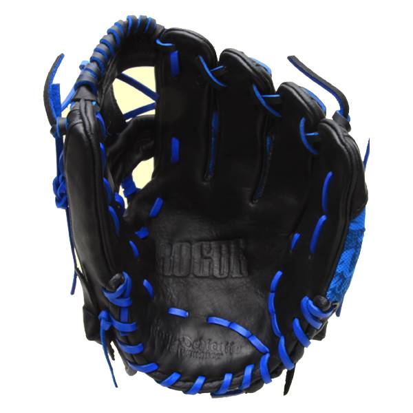 Inside view of a black baseball glove with blue stitching and ROGUE embossed on the palm.