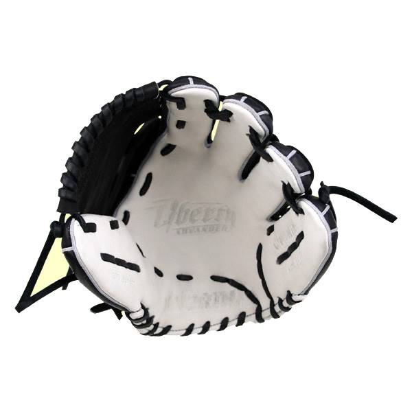Interior view of a white baseball glove with black stitching and Liberty Advanced embossed on the palm.