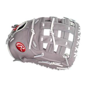Side view of a gray softball glove with white lacing and a red Rawlings logo.