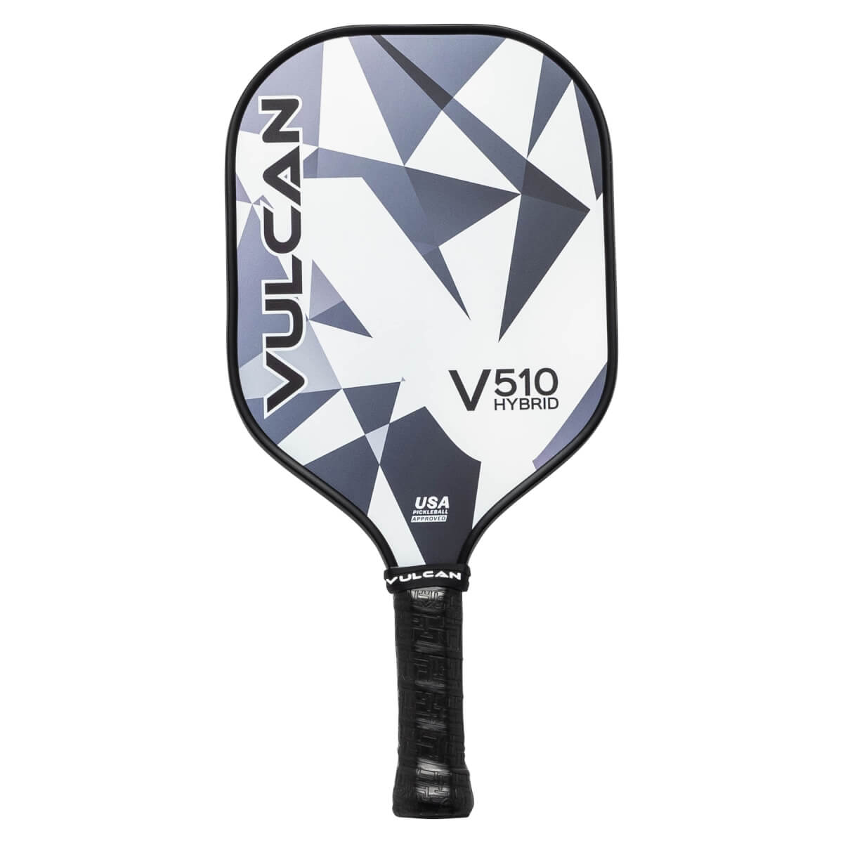 Front view of a white pickleball paddle with a geometric pattern, VULCAN text, and V510 HYBRID branding.