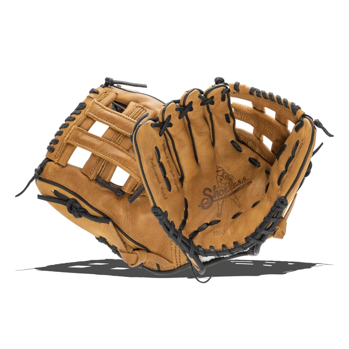 Angled view of a tan baseball glove with black lacing, laced webbing, and Shoeless Joe logo on the palm.