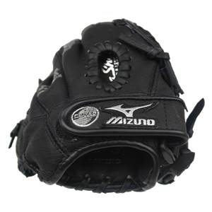 Front view of a black Mizuno fastpitch glove with Power Close and Mizuno logos.