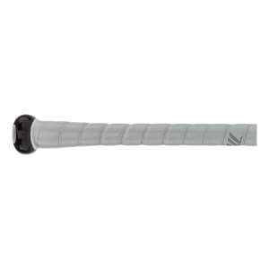 Side view of a black baseball bat with a grey textured grip and Marucci logo.