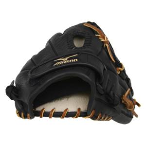Top-down view of a black Mizuno baseball glove with tan lacing and a white interior.