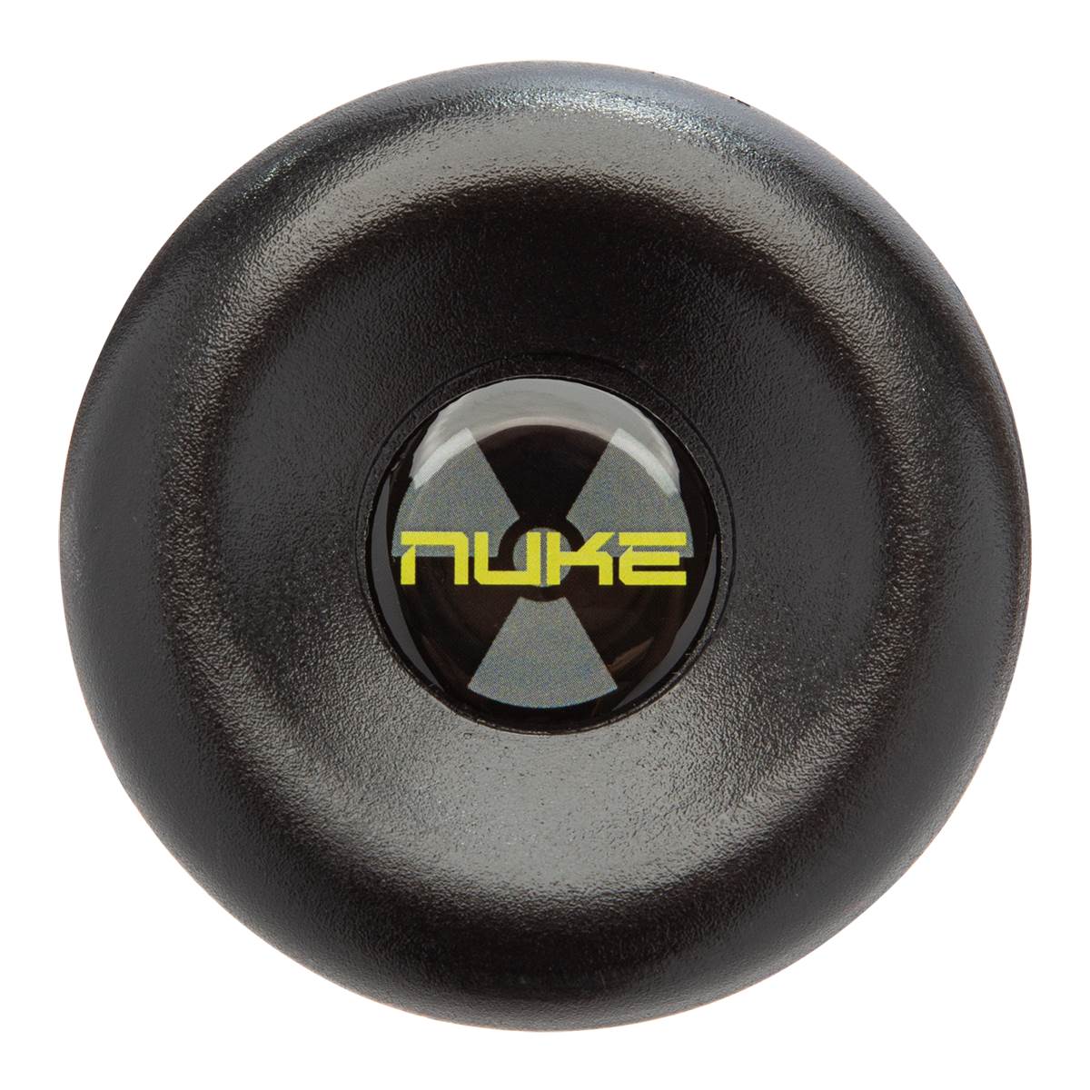 Top-down view of a black baseball bat end cap with a yellow NUKE logo and radiation symbol.