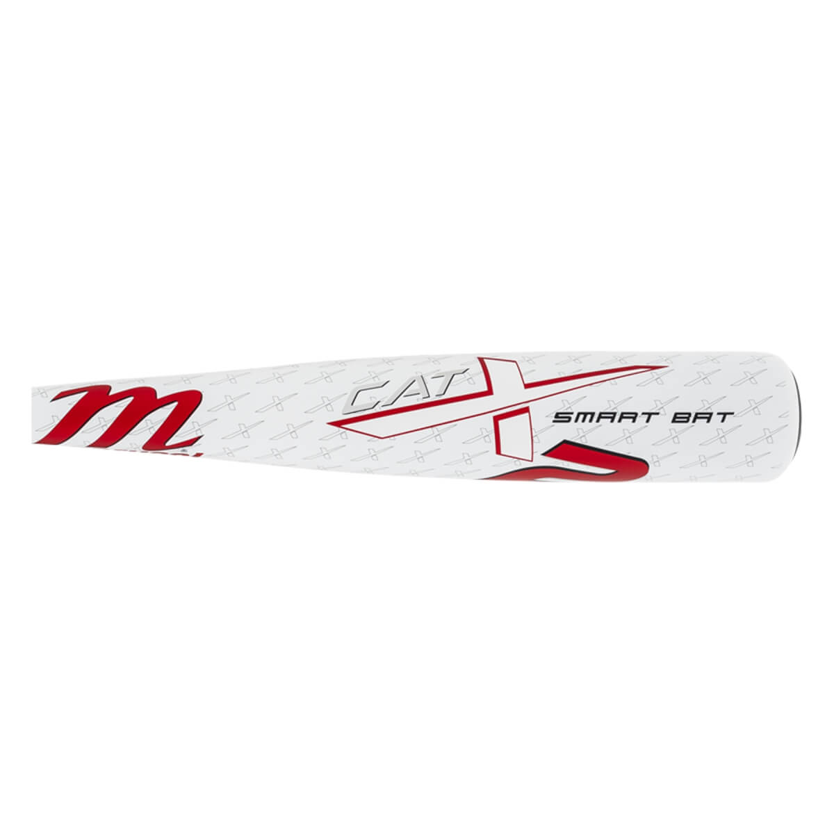 Side close-up view of the white bat barrel featuring a faint gray X pattern, a large red M logo, and CATX SMART BAT in stylized red and black text.