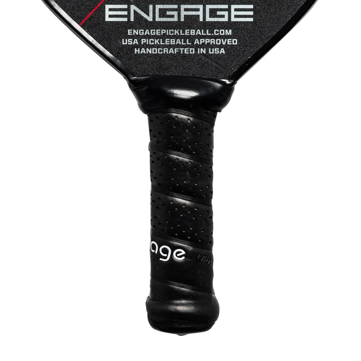 Close-up of a black pickleball paddle grip with perforated texture and Engage text.