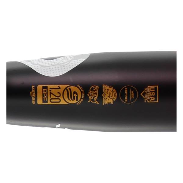Side view of a black fastpitch softball bat with USSSA, 1.20 BPF, and USA Softball certifications.