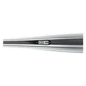 Side view of a silver baseball bat with a black BBCOR CERTIFIED 50 label.