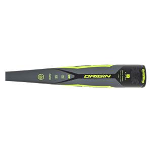 Top-down view of a gray and yellow baseball bat with ORIGIN and HYPERWHIP branding.