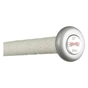 End cap view of a white Miken softball bat with 33 and 24oz markings.