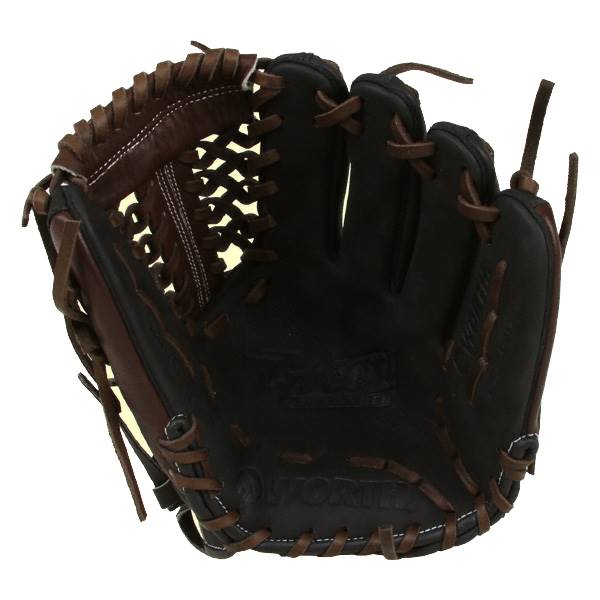 Top-down view of a black and brown baseball glove with a woven back and WORTH embossed on the palm.