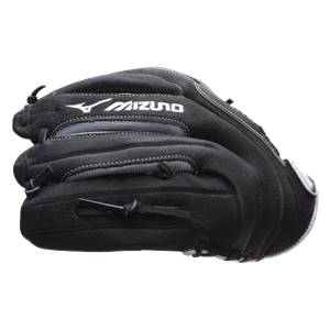 Side view of a black softball glove with white Mizuno branding and gray stitching.
