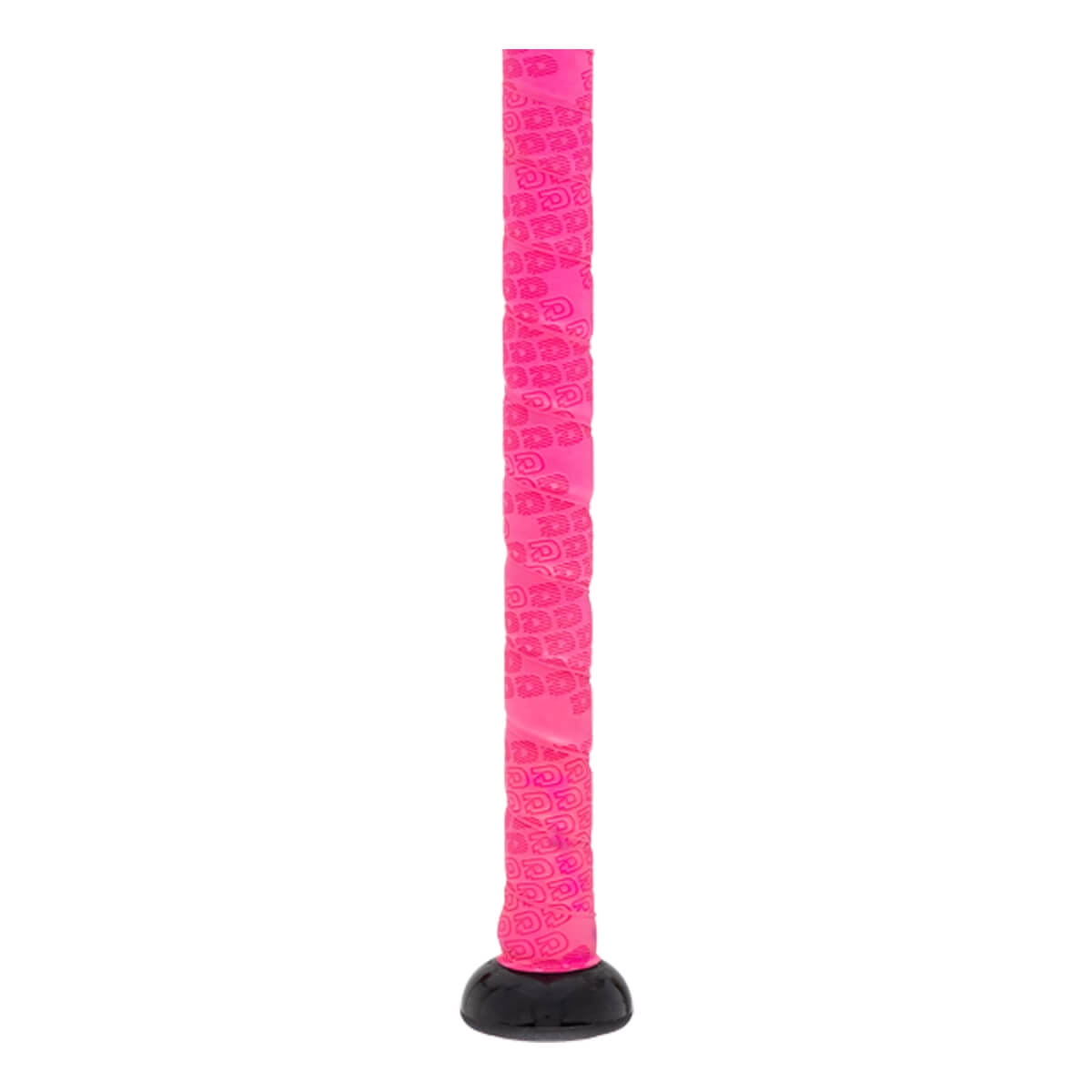 Close-up of a pink baseball bat grip with a repeating pattern and a black end cap.