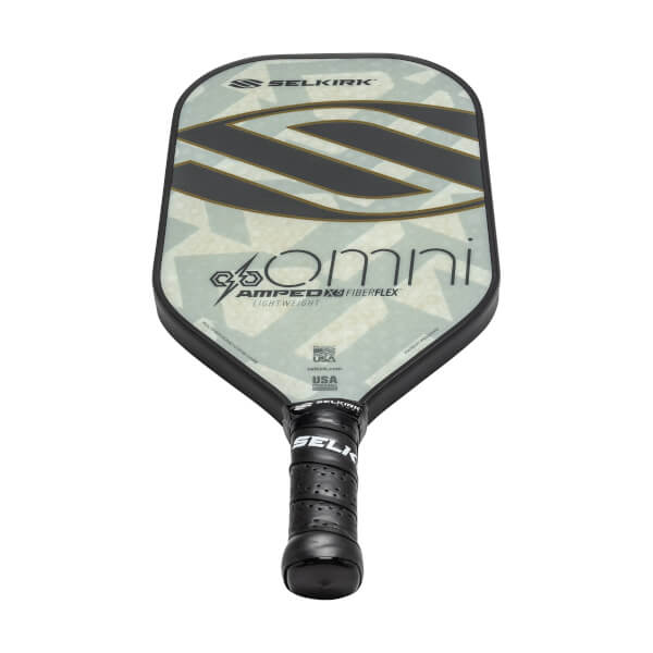 Top-down view of a light green pickleball paddle with black stripes, OMNI text, and a black grip.