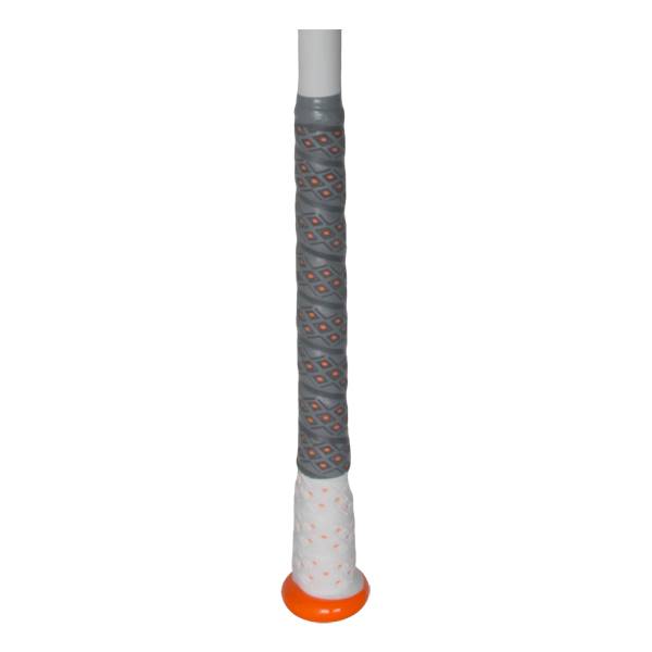 Close-up of a gray and white baseball bat grip with orange diamond pattern and orange end cap.