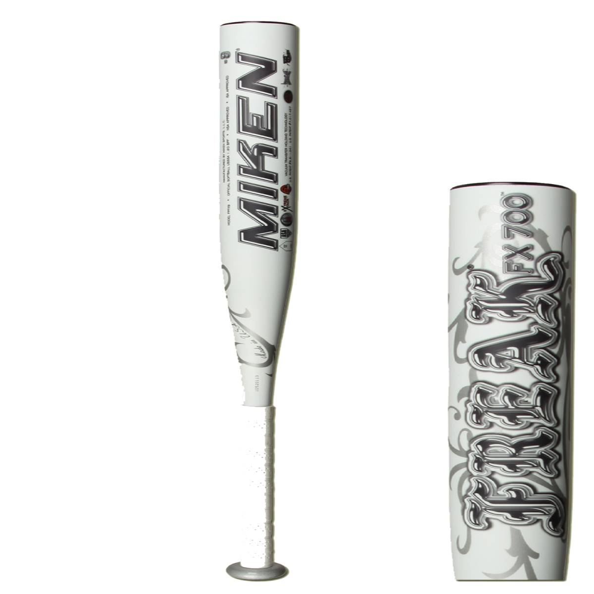 Side view of a white Miken softball bat with tribal graphics and FX 700 text.