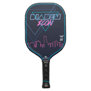 Front view of a dark blue Diadem Icon pickleball paddle with neon pink and blue geometric and city skyline graphics.