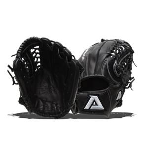 Front view of black baseball gloves with white stitching and a large white A logo.