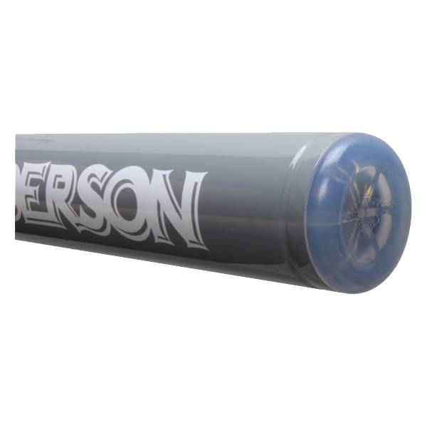 Side view of a gray softball bat with white ANDERSON lettering and a blue end cap.