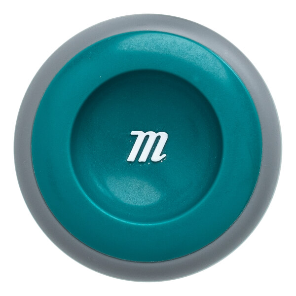 Top-down view of a grey and teal baseball bat end cap with a white m logo.