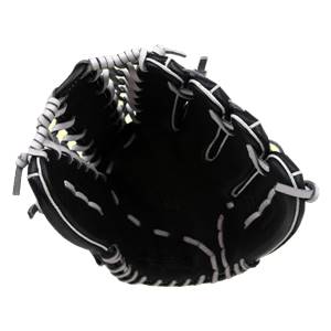 Top-down view of a black baseball glove with white lacing and a padded palm.