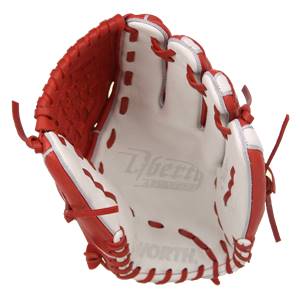 Interior view of a red and white baseball glove with Liberty Advanced and Worth branding.