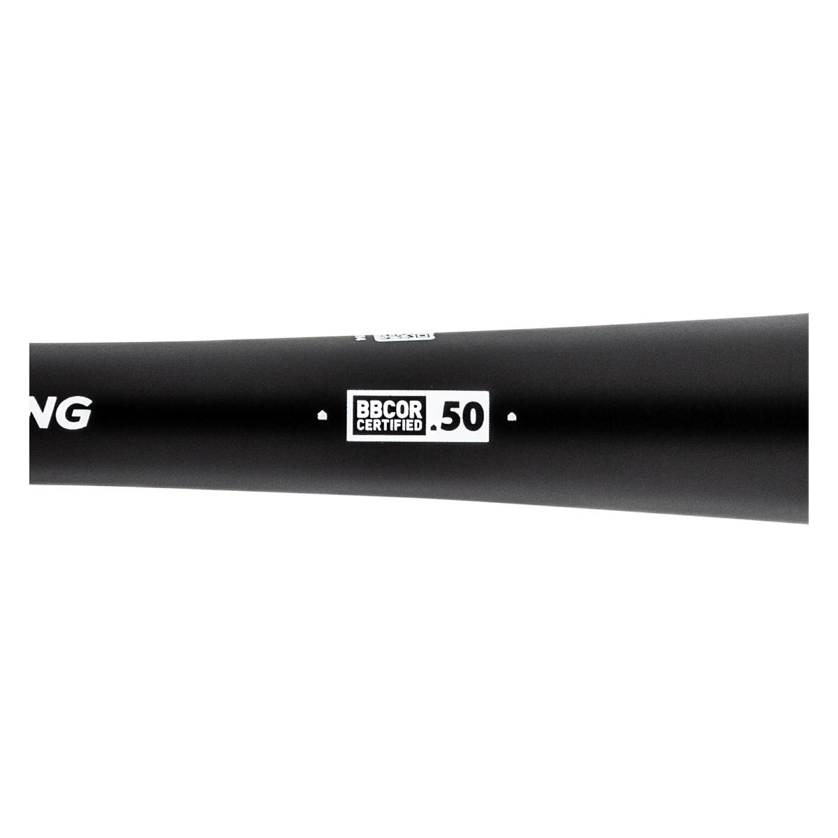 Side view of a black baseball bat with BBCOR CERTIFIED .50 text.