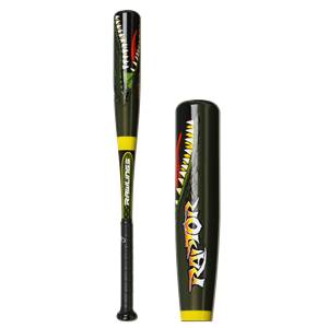 Side view of a dark green Rawlings Raptor tee ball bat with a yellow band and a dinosaur graphic.
