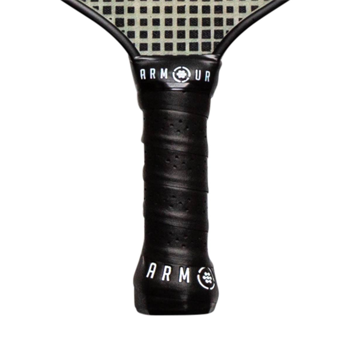 Close-up of a black pickleball paddle grip with ARMOUR and ARM logos.