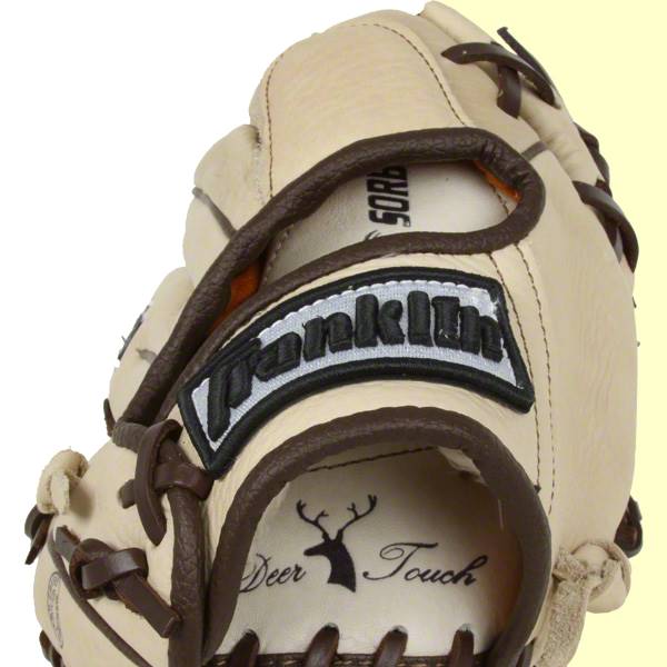 Close-up of a tan baseball glove with brown lacing, a Franklin logo patch, and Deer Touch text.